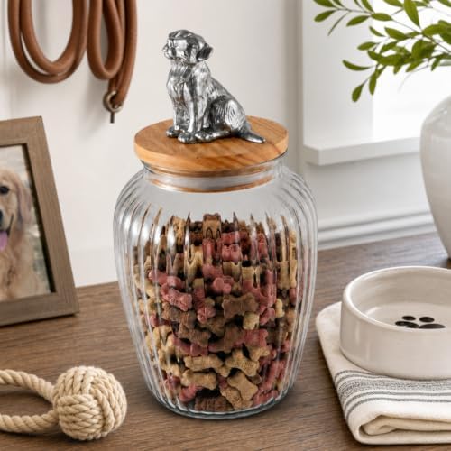 Arthur Court Dog Treat Jar, Stylish Glass Container with Wood Lid and Airtight Seal, Cute Metal Dog Knob, 11 Inch Tall, 72 Ounces
