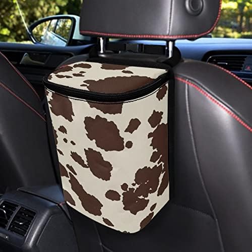 Brown Cow Car Trash Can with Lid Collapsible Reusable Waterproof Car Garage Bag, Cow Print Automotive Garbage Can, Car Accessories Interior Car Organizer with Adjustable Straps