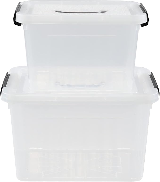 Saedy 12 Quart & 6 Quart Latching Storage Container Box with Handle, 2 Pack | Plastic, Clear Lidded Bin