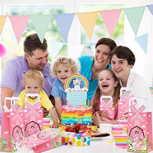 16 Pcs Pink Farm Animal Party Favor Bags Kraft Paper Goodie Bags with Handle 3D Pinwheel Double-sided Printing Treat Bag for Birthday Gender Reveal Barnyard Farm Themed Party Supplies