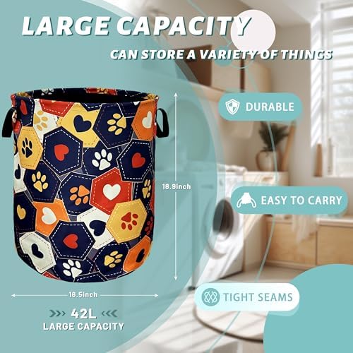 Colorful Dog Paws Hearts Laundry Basket Foldable Hamper 18.9"x16.5"