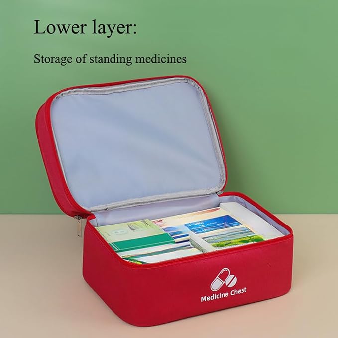 Dual Layers First Aid Bag Empty with Lockable Zipper,Pill Bottle Organizer Storage Bags,Household Medicine Storage Bag for Home Pills Vitamins Emergency Supplies Travel (Red,13.78×9.45×6.69inch)