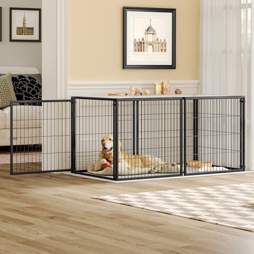 Large 63.7" Dog Playpen-Heavy Duty Metal Exercise Pen for Medium Dogs,Black | 63.7" x 34.2" x 31.7" heavy-duty metal dog pen with flexible front/side gate placement & secure latch.
