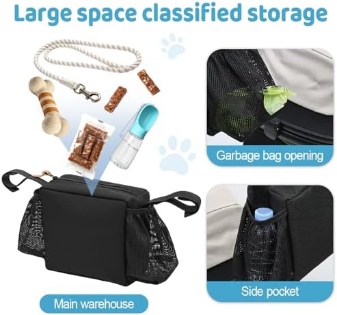 Dog Stroller Caddy Bag, Pet Stroller Storage Pouch with Cup Holder and Waste Bag Outlet, Large Capacity Hanging Organizer for Cats Dogs Outdoor Travel