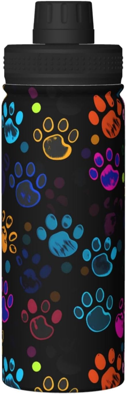 Colorful Dog Paw Print Water Bottle,18oz Sports Insulated Kettle for Cycling Gym Basketball Outdoor, Suitable as a Present