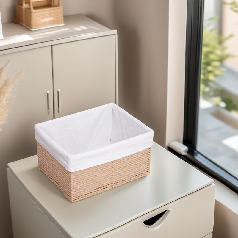 GYASVWU Hand-Woven Paper Rope Storage Baskets,Rectangular Wicker Baskets for Organizing,Decorative Woven Basket for Storage,Shelf Basket for Living Room,Storage Baskets for Pantry (Beige - Small)