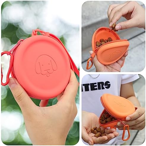 WALLFID Silicone Dog Treat Pouch Small Bag,with Pet Training Clicker,Walking Bag for Dog and Cat, Pocket Size, Easy to Clean, Odorless, Zipper Design,Moisture-Proof,Travel Walking Bag.(Orange)