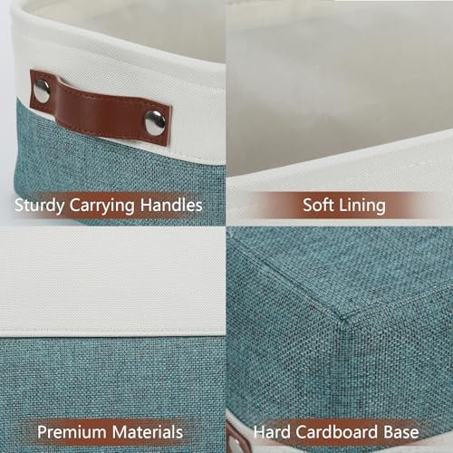 DULLEMELO Small Storage Bin,Small Fabric Rectangular Storage Basket for Shelves,Foldable Bin with Handles for Toy and Clothes Storage (White&Dark Green,1 PACK)