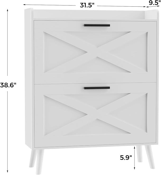 Homleke Farmhouse Shoe Storage Cabinet with Flip Drawers & Barn Door Design | Slim Narrow Shoe Rack Cabinet with Adjustable Shelves & Hidden Storage for Entryway, Foyer, Hallway, Living Room, White