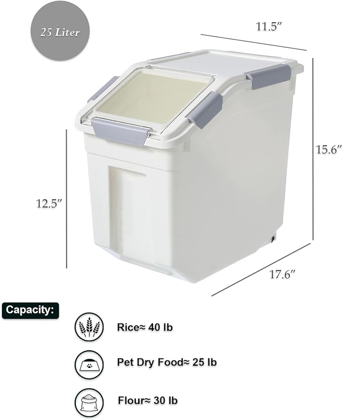 25 Liter / 40 lbs Rice Storage Container with Measuring Cup, BPA free, For Rice | Grain | Pet Food | Flour, 1 count, White
