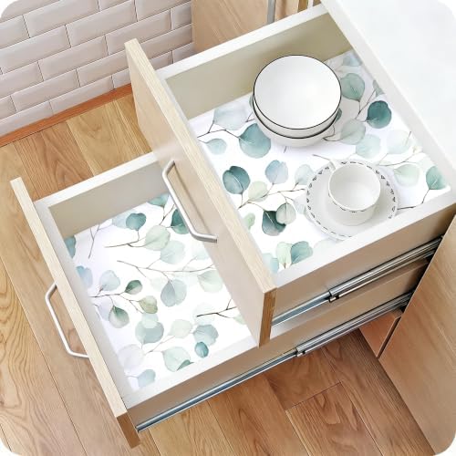 HAOKHOME Adhesive Shelf Liner Dresser Leaf Contact Paper 17.3in x 16.4ft | Peel and Stick Green White Drawer Cabinet Liners Countertop for Kitchen Bathroom Wire Desk Waterproof Removable Decorative