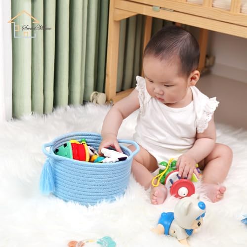 Small Gift Basket Empty to Fill, 2 Pack, Mini Woven Basket, Light Blue | Cute Decorative Mini Rope Storage Baskets with Cellophane Bags & Ribbons; Two Sizes for Gifting, Bathroom Counter or Desk