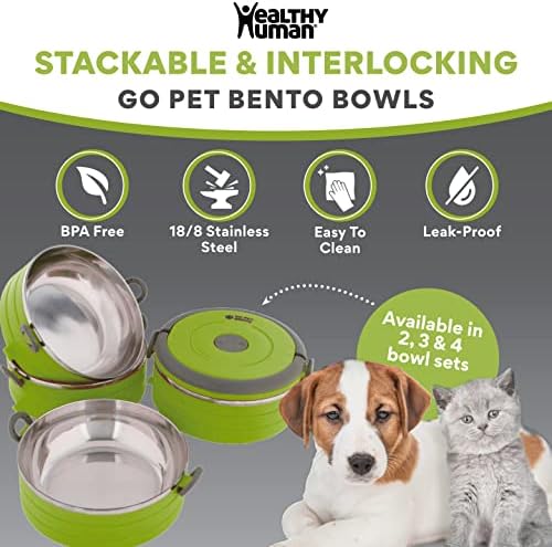 Healthy Human Travel Pet Bento Bowls - Human-Grade Stainless Steel & BPA-Free, Leak-Proof Water & Food Container Set for Dogs & Cats, 4-Pack Interlocking Bowls, Includes Spare Clips & Handle (Green)