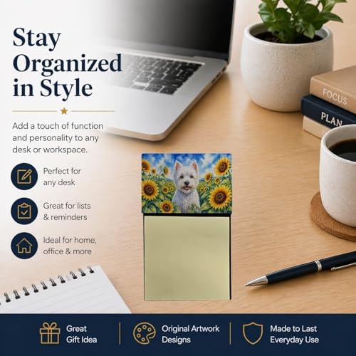 Caroline's Treasures Westie in Sunflowers Watercolor Sticky Note Holder Refillable Dispenser Desk Accessory 3x3 Pad Gift