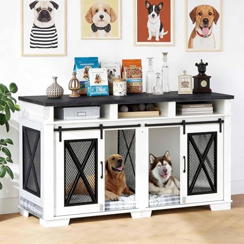 71 in Double Dog Crate Furniture - Heavy Duty Wood & Metal Dog Kennel for 2 Large Dogs, Removable Divider, Double Doors, Sliding Barn Door, 3 Storage Drawers - Size: 71 inches