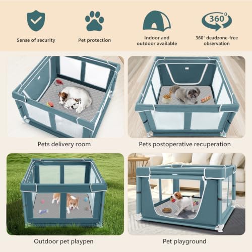 42 × 42 inch Dog Playpen with Pee Pad, Soft Puppy Playpen, 25 Height Pet Playpen for Small Dogs and Small Animals, Dog Fence Indoor, Play Yard with Zipper Door(Green)