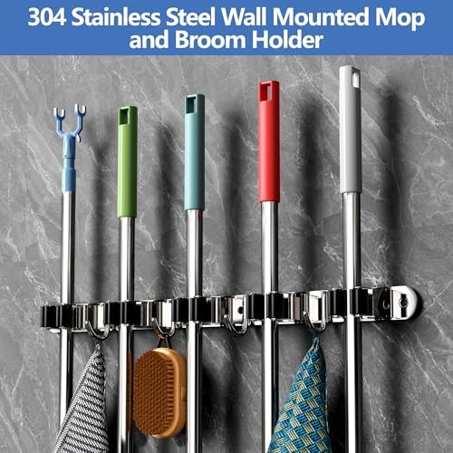 Broom Holder Wall Mounted With 5 Holders And 4 Hooks With Nails Installation Utility Room Storage Stainless Steel Broom Storage Organiser for Garage Kitchen Laundry Bathroom
