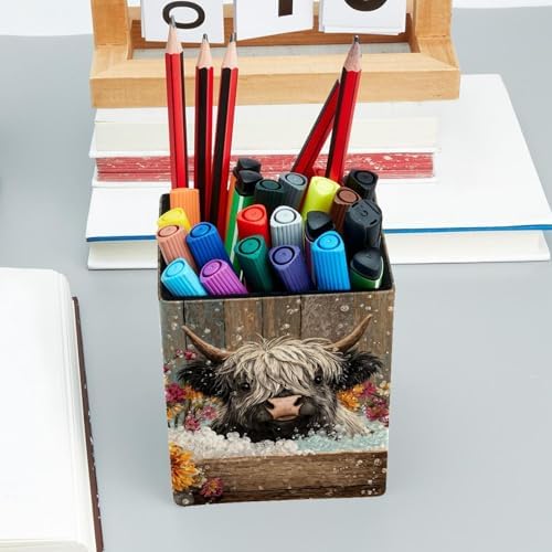 Barrel and Highland Cow Pen Holder for Desk Decor, Rectangular PVC Leather Pencil Cup for Desk Pen Organizer, Makeup Brush Holder for School, Home, Office