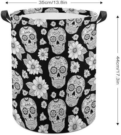 Collapsible Storage Hamper with Handles Floral Sugar Skulls Black, Waterproof Laundry Basket for Clothing, Toys, and Bathroom Use
