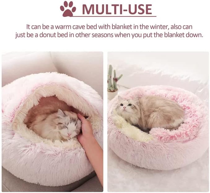 Round Fluffy Hooded Cat Bed Cave, Anti-Anxiety Cave Bed with Blanket | Hooded Cat Bed Cave, Cozy Cuddler Luxury Puppy Pet Bed, Anti-Slip Bottom and Machine Washable