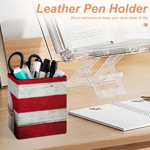 Women's Pen Cup Pencil Holder Makeup Brush Storage Baseball Rustic Wooden American Flag Leather Desk Organizer