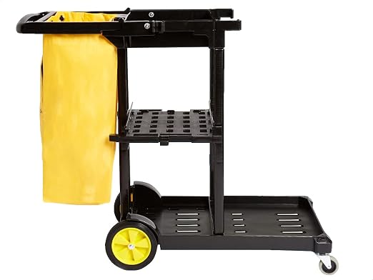 AmazonCommercial Janitorial Utility Cart, Rolling, Portable, with Supply Shelves, Black