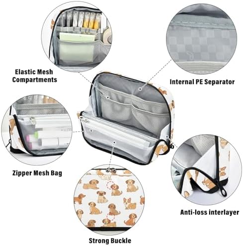 Emelivor Pets Dogs White Pattern Large Capacity Pencil Case Stand Up Pencil Pouch for School Office Supplies Pen Organizer Bag with Pockets Portable Makeup Pouch for Adults Boys Girls Teens