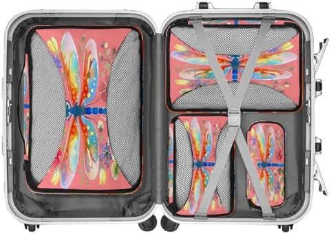 Dragonfly Pink Floral 4 Set Packing Cubes Luggage Organizer Bags for Travel Accessories and Essentials, Dragonflies Flower