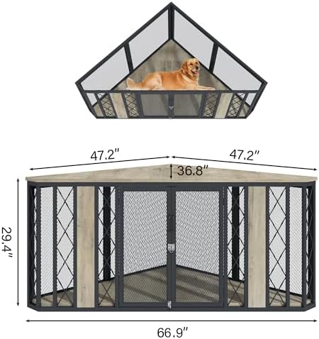 kepptory 67" Corner Wooden Dog Crate Furniture with Diamond Metal Decoration, Pet Kennel for Small, Medium and Large Dogs, Space-Saving Dog Cage for TV Stand(Grey)