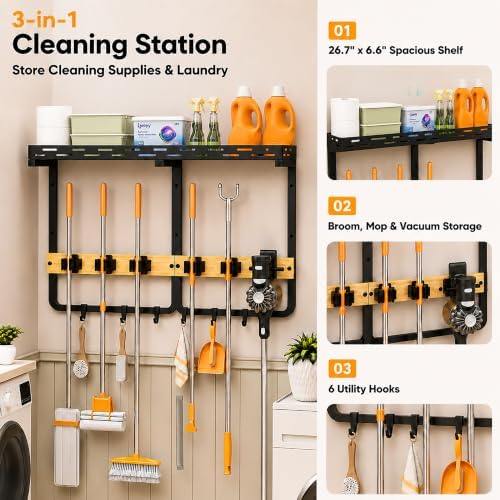 Mop and Broom Holder Wall Mount with Shelf,Vacuum holder,5 Grips,6 Hooks | 3-in-1 Cleaning Supply Wall Organizer,Top Shelf with Railing,Storage Rack for Laundry Utility Garages Kitchens,