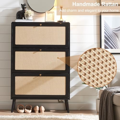 Rattan Shoe Cabinet with 3 Flip Drawers, Black Slim Shoe Storage | 24 Pairs Narrow Freestanding Shoe Cabinet for Entryway, Curved Corner, Solid Wood Legs, Boho Style, Open Back Ventilation