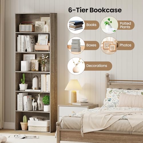 GIANTEX 6-Tier Bookcase, 70" Tall Wooden Bookshelf, Freestanding Storage Organizer w/Open Shelves, Anti-Tipping Kits, Modern Floor Standing Display Shelves for Living Room, Bedroom,Grey