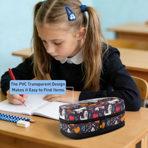 SUABO Pet Dog Graffiti Pencil Case Large Pen Box Holder | Large Capacity Pencil Pouch Stationery Bag with Compartments, Transparent PVC Layer, School Office Supplies for Kids Adults