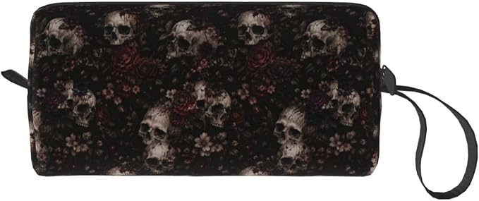 Dark Gothic Flower Skeleton Makeup Bag for Women | Small Travel Cosmetic Pouch with Zipper, Compact Makeup Organizer Bag for Purse, Toiletries, Skincare & Daily Essentials