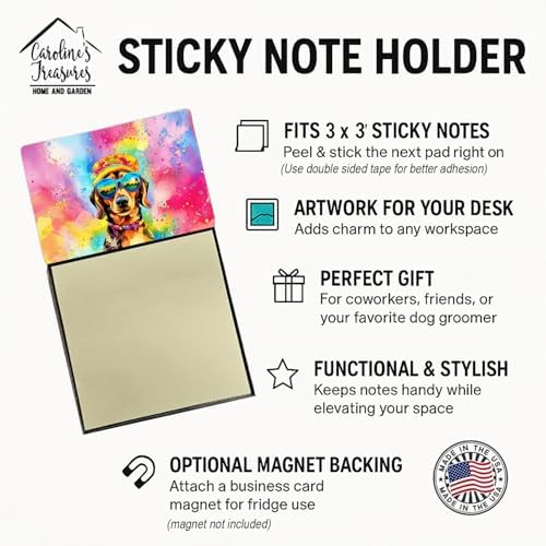 Caroline's Treasures Dachshund Hippie Dawg Sticky Note Holder Refillable Dispenser Self-Sticky Note Pads, Memo Pads Blank Desk Accessories