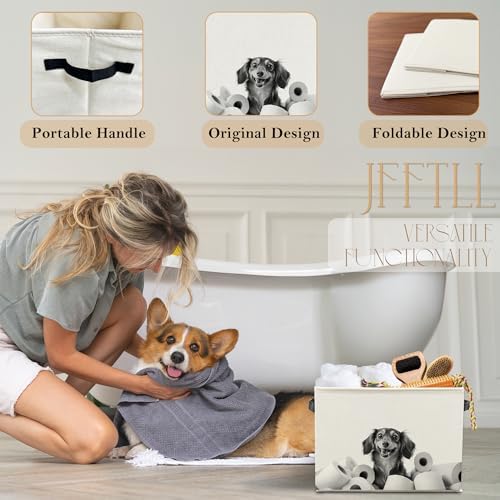 Funny Dachshund Bathroom Storage Bins Box, Dachshund Lovers Gifts, Black and White Weiner Dog Storage Basket Laundry Hamper with Handle for Bathroom Clothes Vanity Undersink Home Organization