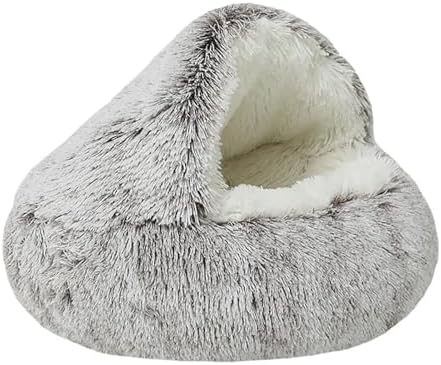 Dog Cave Bed for Small Dogs Cats Pets, Anti Anxiety Calming Plush Dog Beds, Fluffy Covered Hooded Cozy Burrow Puppy Beds, Anti-Slip Bottom Washable Pet Sleeping Bag (20" D, Coffee)