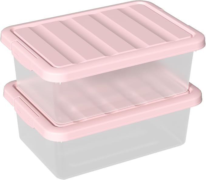 14 Quart Plastic Storage Latching Bin Box with Pink Lids, 2 Packs | Flat Under Bed Organization Latch Tote Containers with Lid