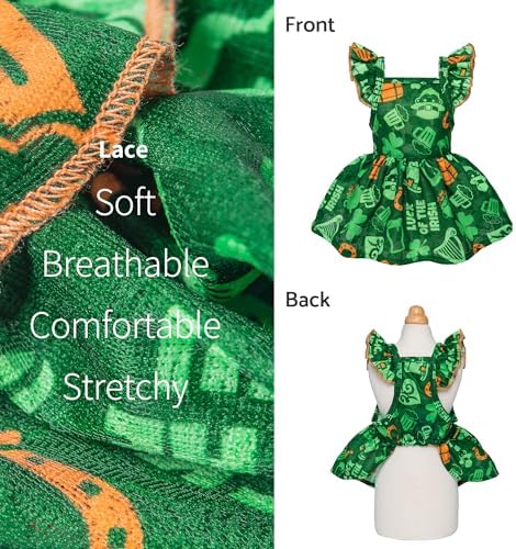 Fitwarm St Patricks Day Ruffle Dog Dress, Lucky Dog Clothes for Small Dogs Girl, Funny Pet Outfit, Green, Orange, Small