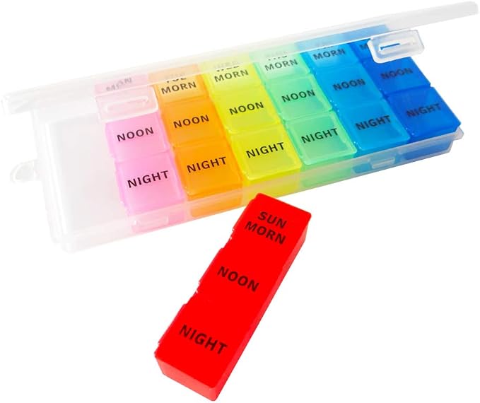 Weekly Pill Organizer, 3 Times a Day, Portable 7-Day Pill Box Case | Travel Prescription Pill Case Dispenser, Vitamin Fish Oil Compartment Container, Daily Calcium DHA Supplement Holder Reminder