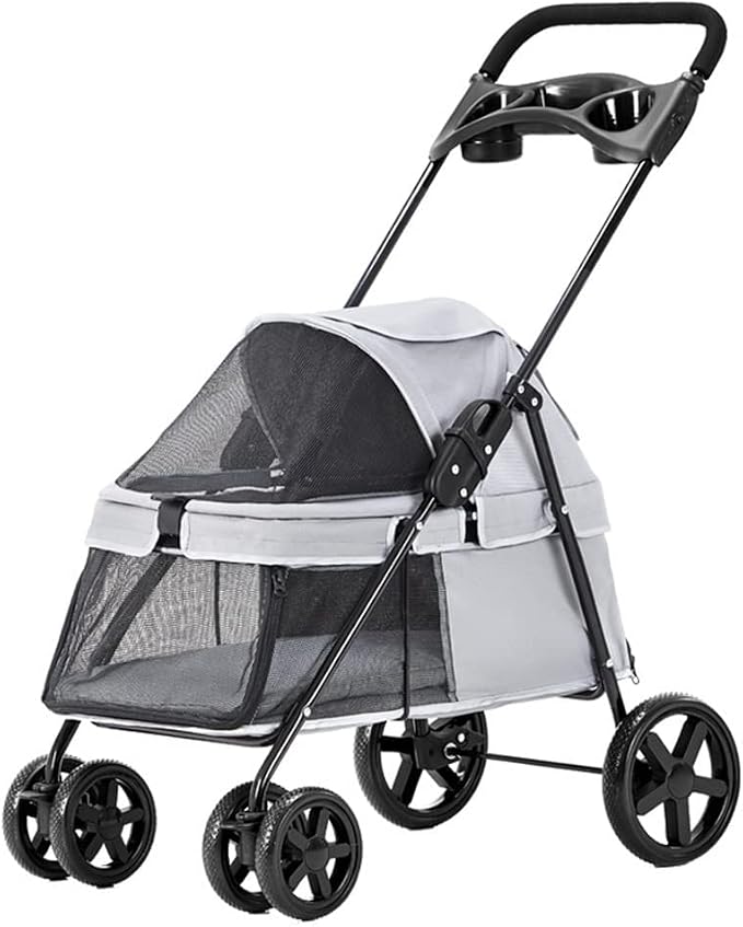 Pet Stroller -Foldable Dog Stroller Small Medium Dogs Cats Pushchairs Portable Travel Carriage Dog Strollers with Storage Basket Cup HolderBreathable Mesh (Color : Light Gray)