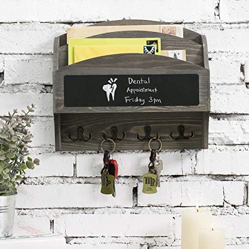 MyGift 2-Compartment Vintage Gray Wood Wall Mounted Entryway Mail Organizer Letter Sorter with Chalkboard Label Surface and 4 Double Key Hooks