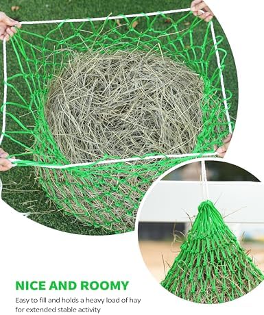 Harrison Howard Slow Feed Hay Net for Horses, 40 Inch Hay Bag Holds 1–2 Flakes, 2 Inch Mesh Durable Hanging Feeder for Stable, Pasture & Livestock-Bright Green