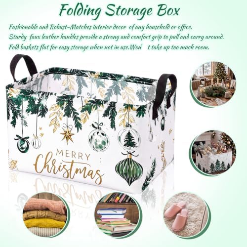Chunful 4 Pack Christmas Tree Storage Baskets Watercolor Green Pine Snowflake Collapsible Storage Bins with Handles, Merry Christmas Foldable Organizer Laundry Baskets for Home Closet Bedroom Office