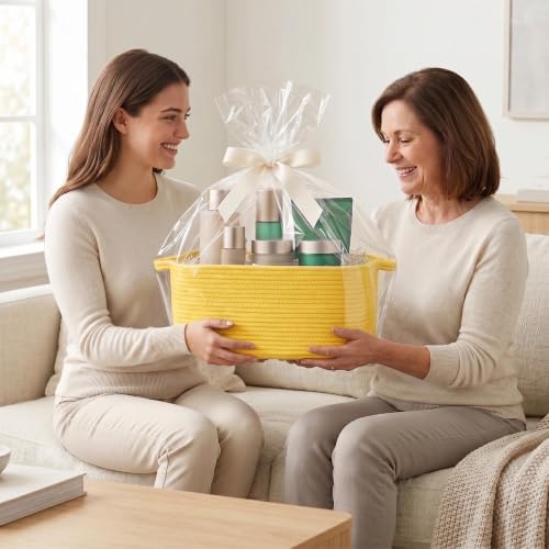Large Yellow Gift Basket, 16.5"x12.5"x7" Woven Baskets for Gifts Empty, Cotton Rope Storage Bin for Baby Blankets, Clothes, Shoes, Dog Toy Box, Big Easter Basket, Yellow Room Nursery Decor