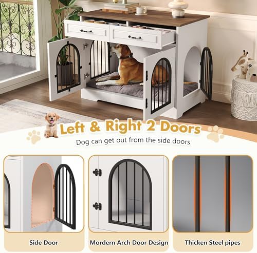 43.3" Dog Crate Furniture with 2 Storage Drawers & Side Access | Heavy Duty Wooden Dog Kennel, Chew-Resistant Wooden Pet House Cage for Medium Large Dogs