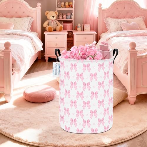 Round Laundry Basket Collapsible Storage Hamper Pink Bowknot | Waterproof Canvas Foldable Baskets with sturdy Handles Multi-scene Organizer for Home Play Bedroom Gift Bin