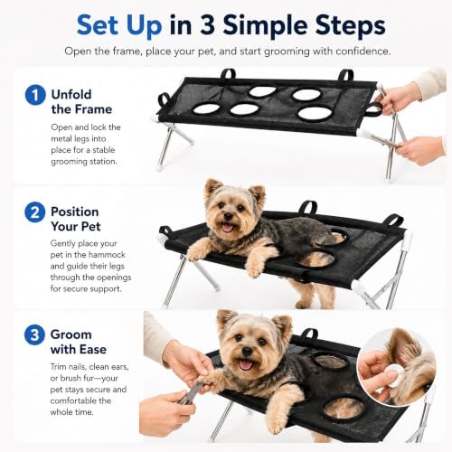 Foldable Pet Bathing Stand, Pet Grooming Hammock with Quick-Dry Mesh, 8-Hole Design, Metal Frame & Securing Strap for Small Dogs Cats Washing, Nail Trimming, Brushing (Coffee)