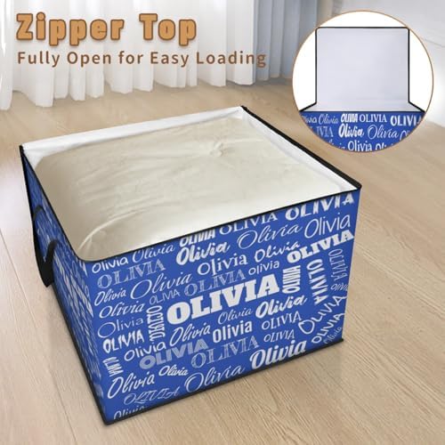 Custom Name Large Clothes Storage Organization with Lids, Kids Toys Bin Shelf Basket, Bedding Clothes Towel Navy Blue Storage Bin for Nursery, Gift Basket, Pet Basket, Full Names Printed
