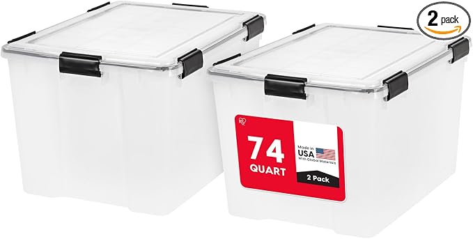 IRIS USA WeatherPro Storage Bins with Lids, 74 Qt, Gasket Seal, 2 Pack | BPA-free gasket seal keeps clothing, documents, pet food, tools, and camping gear protected from dust and moisture.